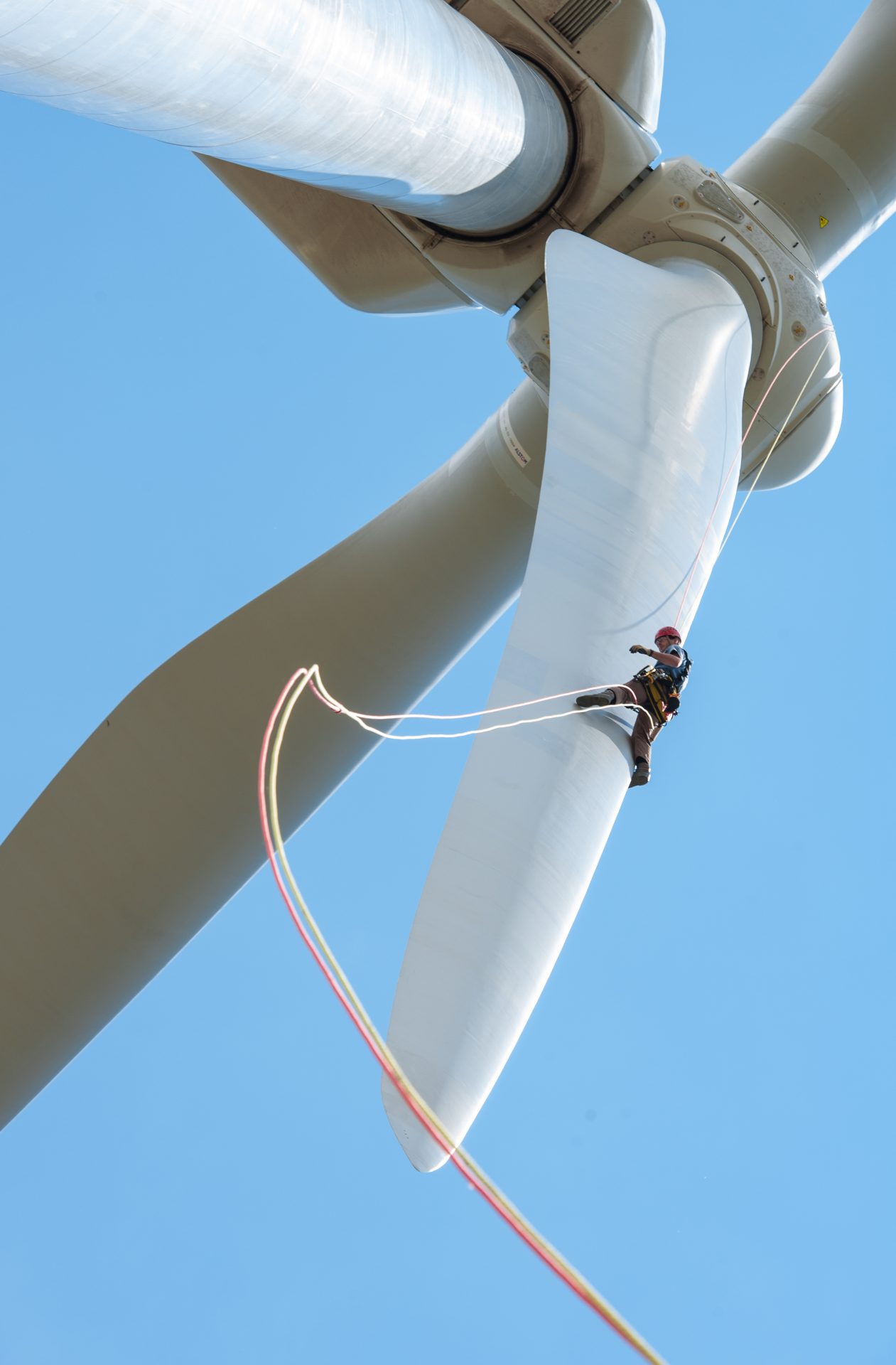 Ein Handwerker seilt sich am Flügel eines Windrads ab.